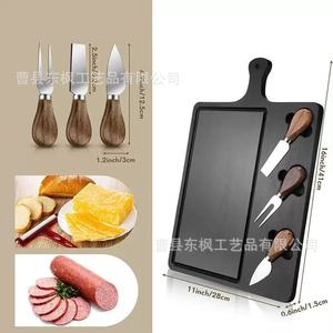 Cheese Board <b>Set</b> With Knives And Forks For Serving Cheese And Charcuterie Durable Black Cutting Board With Wooden Handles - Product Image 3