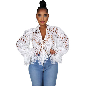 Chemisiers et chemises courtes grande taille pour femmes avec col montant en dentelle brodée haut creux boutonné et design irrégulier - Product Image 5