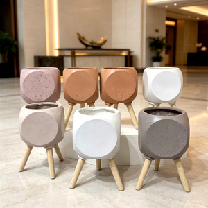 Pots à fleurs modernes en béton avec pieds en bois, jardinières minimalistes d'intérieur pour plantes vertes, lot de 7 - Product Image 1