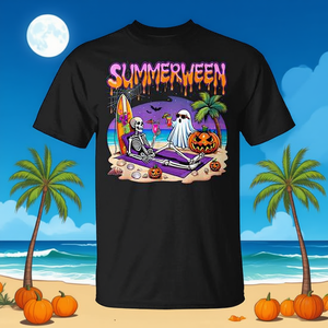 T-shirt d'Halloween unisexe pour adulte Summerween Skeleton Ghost Beach, 100% coton, design drôle et effrayant - Product Image 3