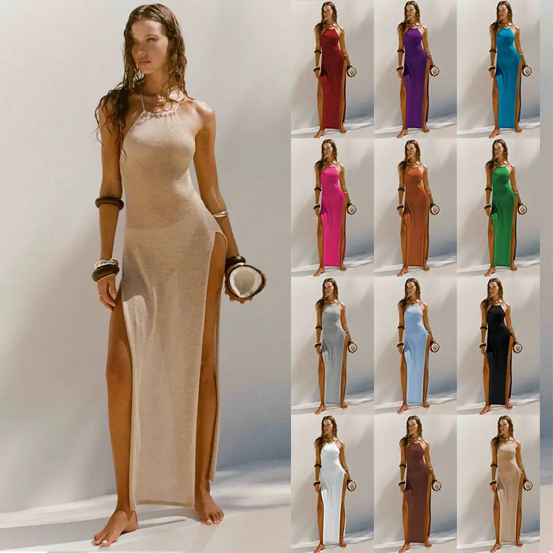 2024 nuevo estilo vestido largo con tirantes tejido Color sólido Primavera Verano moda Sexy falda