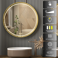 Miroir de salle de bain LED avec cadre en alliage d'aluminium, miroir mural LED givré, interrupteur tactile moderne, anti-buée, doré, à intensité variable, miroir rond LED pour salle de bain
