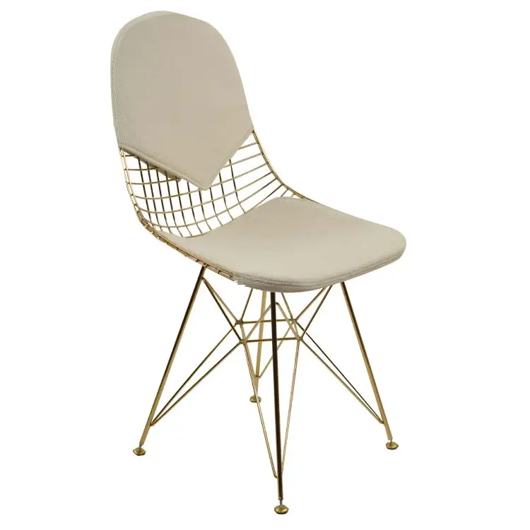Silla apilable de alambre de oro de acero Lucy, silla de metal dorado, silla moderna de alambre Bertoia con cojín a prueba de agua