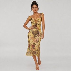 Robe longue en maille à imprimé floral et blocs de couleur avec volants, taille naturelle, extensible, décontractée, pour l'été et les vacances à la plage - Product Image 2