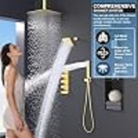 Système de douche à pluie double à 4 poignées, avec deux têtes carrées de 12 et 6 pouces, vanne inverseur à icônes lumineuses, douchette 2-en-1, finition or brossé, pour usage hôtelier
