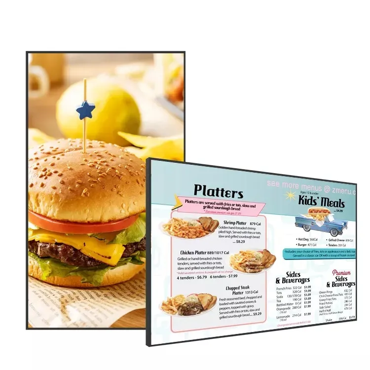 Placa de publicidade digital para cafeteria fast food, preço de fábrica, tela de montagem na parede, painel de menus digitais para restaurantes