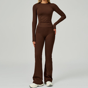 Ensemble de yoga 2 pièces pour <span class=keywords><strong>femme</strong></span>, en nylon/spandex, séchage rapide, sans couture, respirant, manches longues, écologique, effet push-up, pantalon de <span class=keywords><strong>sport</strong></span> à pattes d'éléphant - Product Image 3