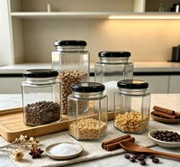 Stoples Kaca Heksagonal dengan Tutup Logam Hitam, Stoples Kaca Bening untuk Madu, Selai, Rempah-rempah, dan Makanan Kering untuk Penyimpanan Dapur