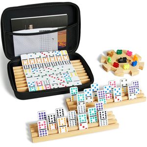 Jeu de dominos personnalisé en plastique blanc, à pois colorés, double 6, double 9, double 12, dans un étui de transport à fermeture éclair - Product Image 1