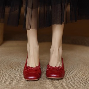 <b>Red</b> Genuine Leather Ballet Flats Square Toe Slip-On With <b>Bow</b> Flat Shoes For Women All Seasons - Product Image 2