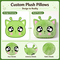 Fabricant de coussins en peluche personnalisés directement de l'usine, coussin chat vert kawaii, coussin en peluche doux, vente en gros, approvisionnement en vrac