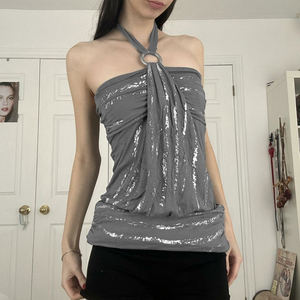 Haut court vintage respirant en tricot imprimé numériquement uni à col halter et débardeur rétro métallisé pour femme - Product Image 1