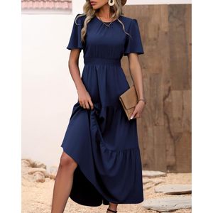 Robe longue décontractée d'été pour femme à manches volantées, col rond, taille élastique, à volants, coupe trapèze, pour le quotidien - Product Image 6