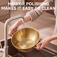Poêle Wok Coréenne en Acier Inoxydable, Mini Casserole Portable Profonde pour Nouilles Instantanées et Fruits de Mer avec Poignées en Bois