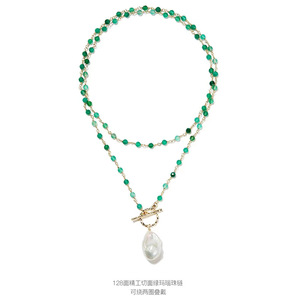 2023สร้อยคอแบบยาวสีเขียวธรรมชาติสีเขียวแบบดิออพไซด์สำหรับผู้หญิงประดับเหรียญไข่มุกสีขาวสำหรับสุภาพสตรี - Product Image 2
