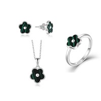 QX CUSTOM Joyería Fina, Collar de Plata de Ley 925 con Baño de Rodio y Malaquita, Colgante de Flor de Trébol de Cinco Hojas para Mujer