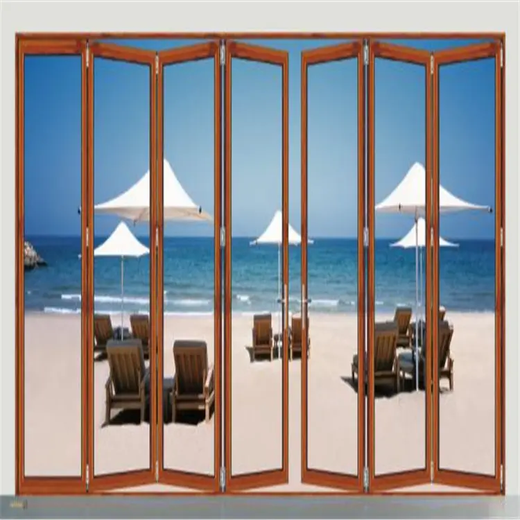Casa de vidrio aislado acordeón de grano de madera Color de partición para salón de banquetes con diseño de la parrilla interior Bi plegable puerta francesa