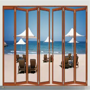 Home Glass Insulated Accordion Wooden Grain Color Partition For Banquet Hall With Grill Design Internal Bi Folding French Door
