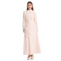 Robe en dentelle pour femme, broderie ajourée soluble dans l'eau, col montant, manches évasées mi-longues, taille haute, robe de soirée élégante