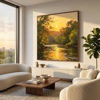 Peinture à l'huile sur toile peinte à la main, sur mesure, grande taille, coucher de soleil doré, texture épaisse, peinture au couteau, paysage pour décoration de salon