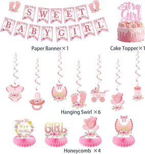 Decorazioni Rosa per Baby Shower, Articoli per Baby Shower 'Sweet Baby in Bloom', Topper per Torta 'È una <span class=keywords><strong>Bambina</strong></span>', Decorazioni a Nido d'Ape, Bandierine Appese - Product Image 2