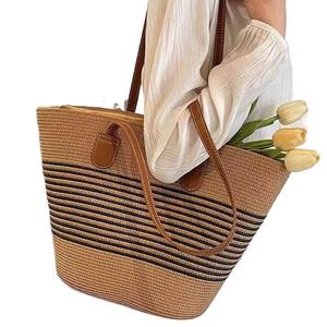 <b>Straw</b> Woven <b>Bag</b> Large Capacity Striped Women's Shoulder <b>Bag</b> For Beach Everyday Use Spring 2024 - Product Image 5
