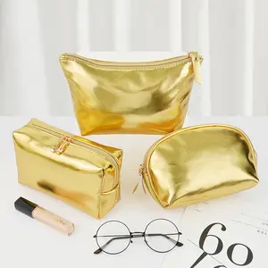 Hot sale new waterproof fashion gold pu leather cosmetics clutch bag ladies trendy shiny golden make up kit bag with gold zipper