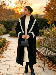 SWEET LIFE Manteau long en polaire pour femme avec bordure en dentelle, col cranté, ouverture sur le devant, vêtement d'extérieur d'hiver, style élégant - Product Image 2