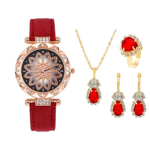 Y9 Hot sale luxury Aliexpress round PU leather strap 6pcs/set Ring Necklace bracelet Earrings quartz watches for women