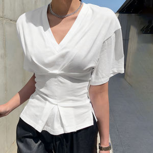 Camiseta Casual de Punto con Cuello en V, Color Sólido, Estampado Digital, Corte Ajustado, Elegante, Manga Corta, Top de Verano - Product Image 5