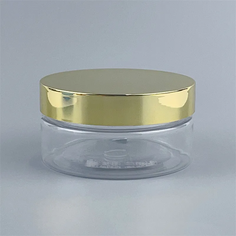 Botol krim PET bening 47 mm dengan lapisan UV tutup sekrup emas berkilau menerima sablon sutra botol Lotion kemasan dapat