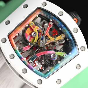 Montre mécanique squelette style Rm pour homme, art graffiti, mouvement ajouré coloré, bracelet vert fluorescent, montre-bracelet de luxe sport - Product Image 4