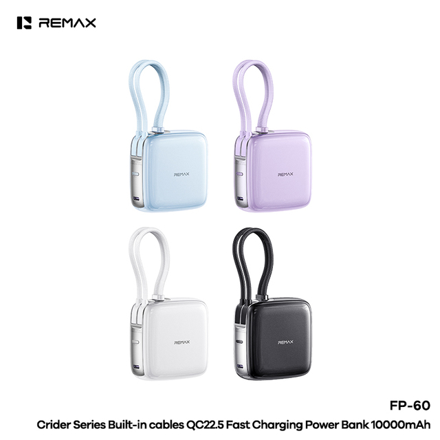 REMAX Crider Series FP-60 QC22.5 Fast Charging Power Bank 10000mAh Built-in Cables Mini Portable Power Banks for Phone