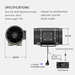 Yên Tĩnh 8 Inch 553 CFM Duct <span class=keywords><strong>Fan</strong></span> Với Nhiệt Độ Độ Ẩm Điều Khiển-EU Cắm Thông Gió Quạt Thông Gió Cho Phát Triển Lều Hydroponics - Product Image 2