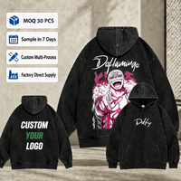 Sweatshirt Kustom Hitam Tebal Katun Acid Wash Vintage Grafis One Piece Doflamingo Anime Pria Cetak Dua Sisi Hoodie