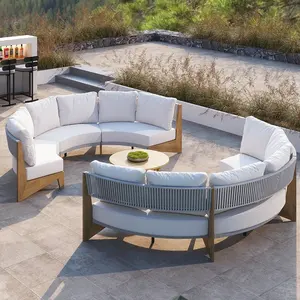 Modern Garden Wood 8 Pieces Farmhouse Curved Modular Outdoor Patio Sectional Sofa Set with Coffee Table