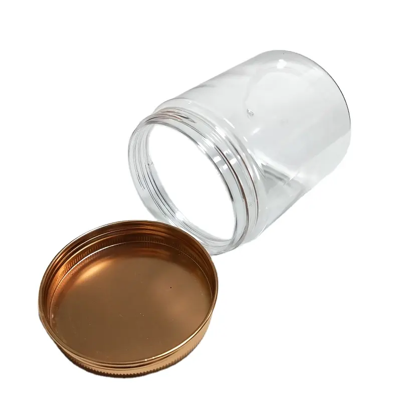 Custom 100ml 200ml 250ml 500ml plastic food jar and metal lid clear PET food jar with aluminum cap size from 30g to 1000g