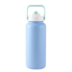 Botella de agua con aislamiento de acero inoxidable al vacío de doble pared de varios tamaños personalizada Everich con tapa y Asa de paja desmontable