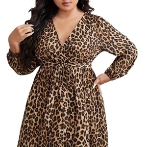 Long Sleeve V Neck <strong>Plus</strong> <strong>Size</strong> Women Dress European and American Fashion Trend Leopard Print Slit Long Sleeve Dress for Women - Product Image 6
