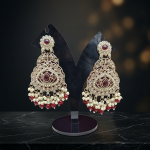 Traditional Antique Gold Plated Kundan Chandbali <b>Earrings</b> <b>Red</b> Gemstone Oversized Statement Dangle <b>Earrings</b> with pearl bead - Product Image 2