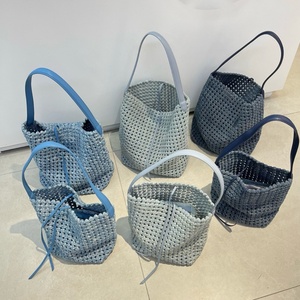 Bolso de mezclilla tejido a mano, bolso tipo cubo, bolso grande de mano y de doble asa para mujer, bolso tote de gran capacidad, bolso calado - Product Image 1