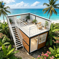 Maison conteneur moderne modulaire préfabriquée respirante avec terrasse sur le toit, escalier en métal blanc, finition bois, villa conteneur portable