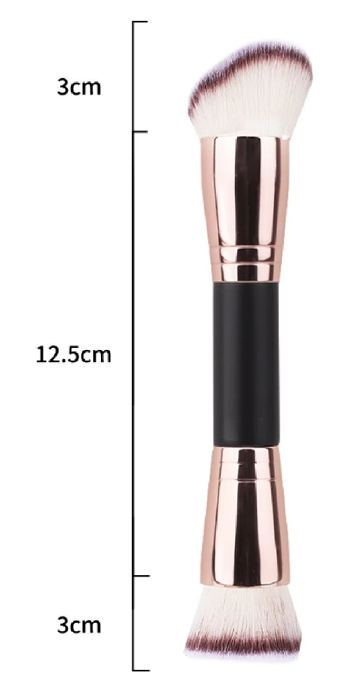 Pinceau double embout or rose, tête plate et ronde oblique.