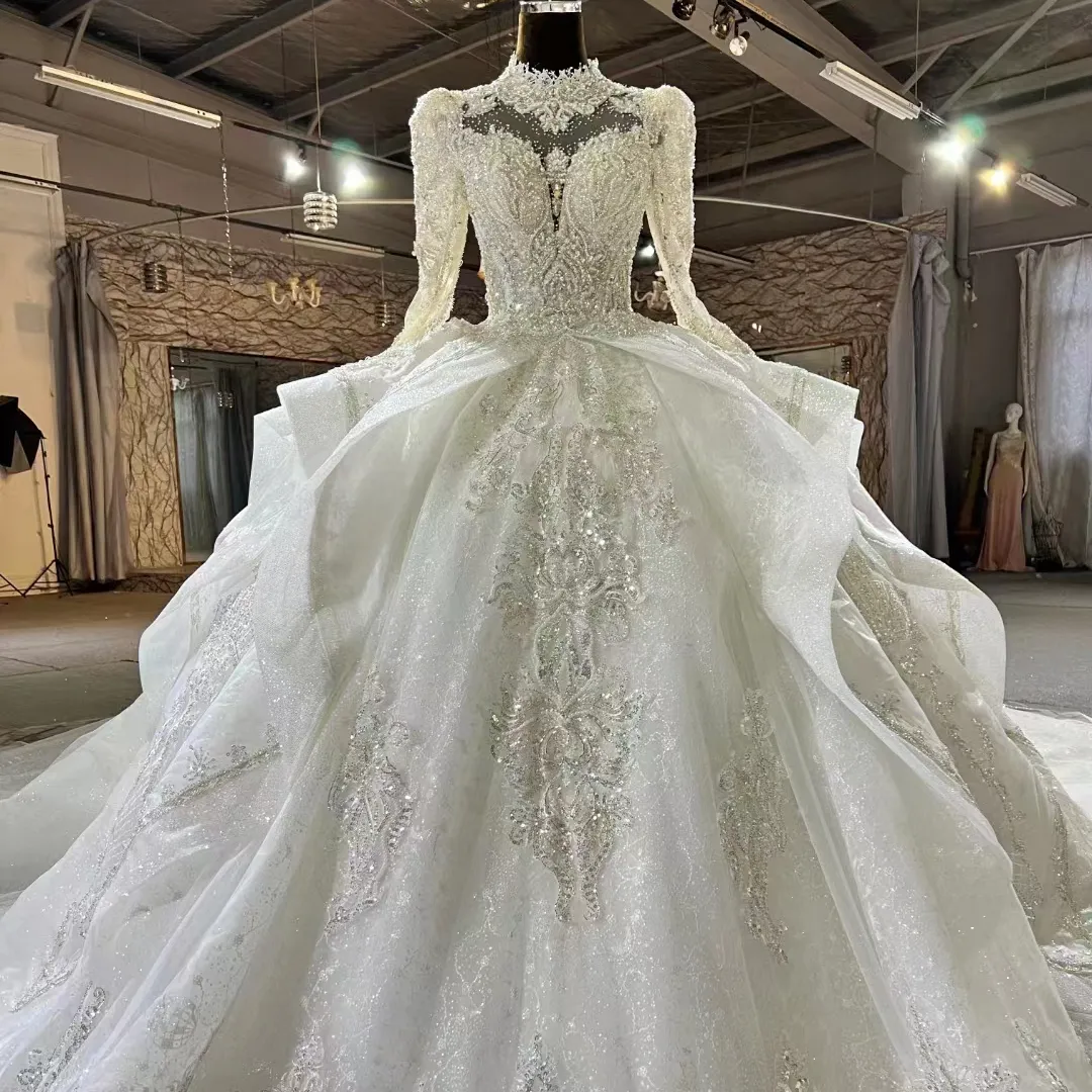 Feishiluo Muslin Crystal Long Cathedral Wedding Ballgown Heavy Bead Lace Bridal Ballgown Luxurious Wedding Dress Gowns