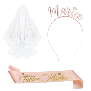 Lot de 3 accessoires modernes en métal pour enterrement de vie de jeune fille - Voile de mariée, ceinture, couronne blanche et bandeau rose doré pour fête prénuptiale - Product Image 1