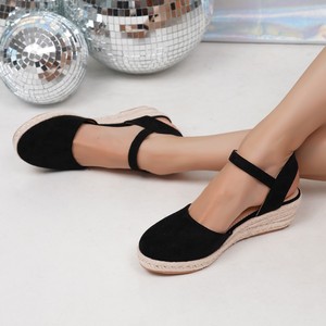 Sandales compensées en daim noir à bout fermé, plateforme, semelle extérieure en paille, fermeture à boucle, chaussures d'été pour femmes - Product Image 4