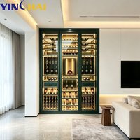 Armoire à vin à température constante en acier inoxydable vert foncé sur mesure avec éclairage LED, porte-bouteilles en bois massif pour la maison, la villa, l'hôtel, le bar