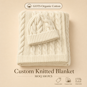 Set Regalo OEM Premium con Coperta per Neonati in Cotone Biologico Lavorato a Maglia e Cappellino Invernale a Trecce - Product Image 1