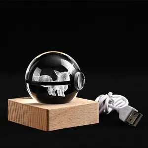 JY nova chegada cristal bola 3d gravado a laser vidro personalizado bola com led madeira base decoração bola