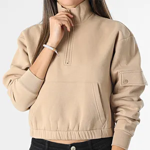 Fashion Women's Quarter Zip Neck Sleeve Flap Pocket Crop Sweatshirt